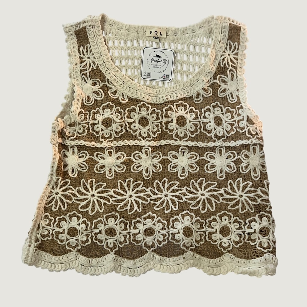 NEW POL Crochet Tank Top Cream Tan Floral Scalloped Boho SMC222 One Size